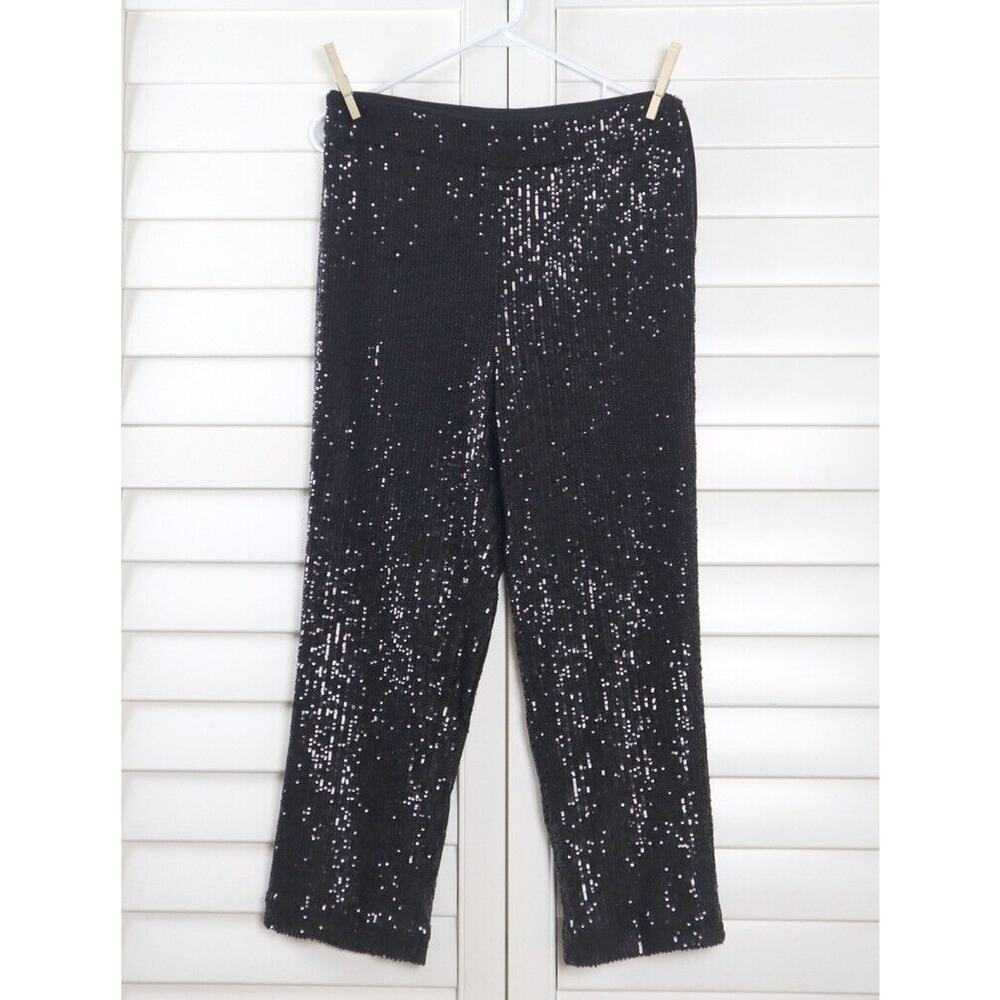 ANN TAYLOR LOFT NWT $99 Solid Black Sequin Embellished Pants Size 8 Petite